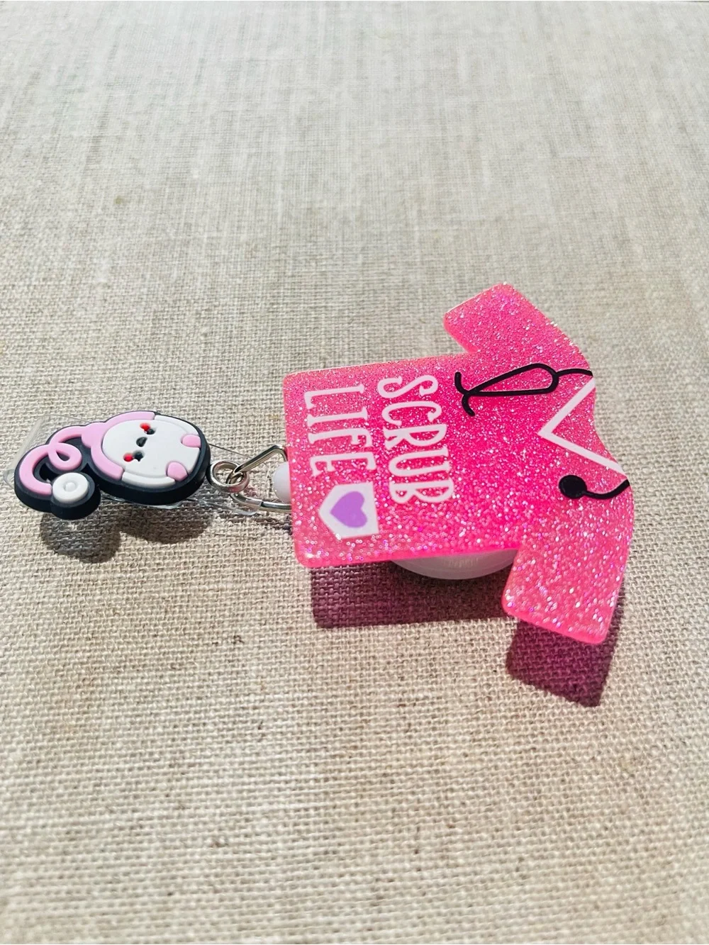 Pink 'Scrub Life' Nurse Badge Retractable Reel with Stethoscope Charm